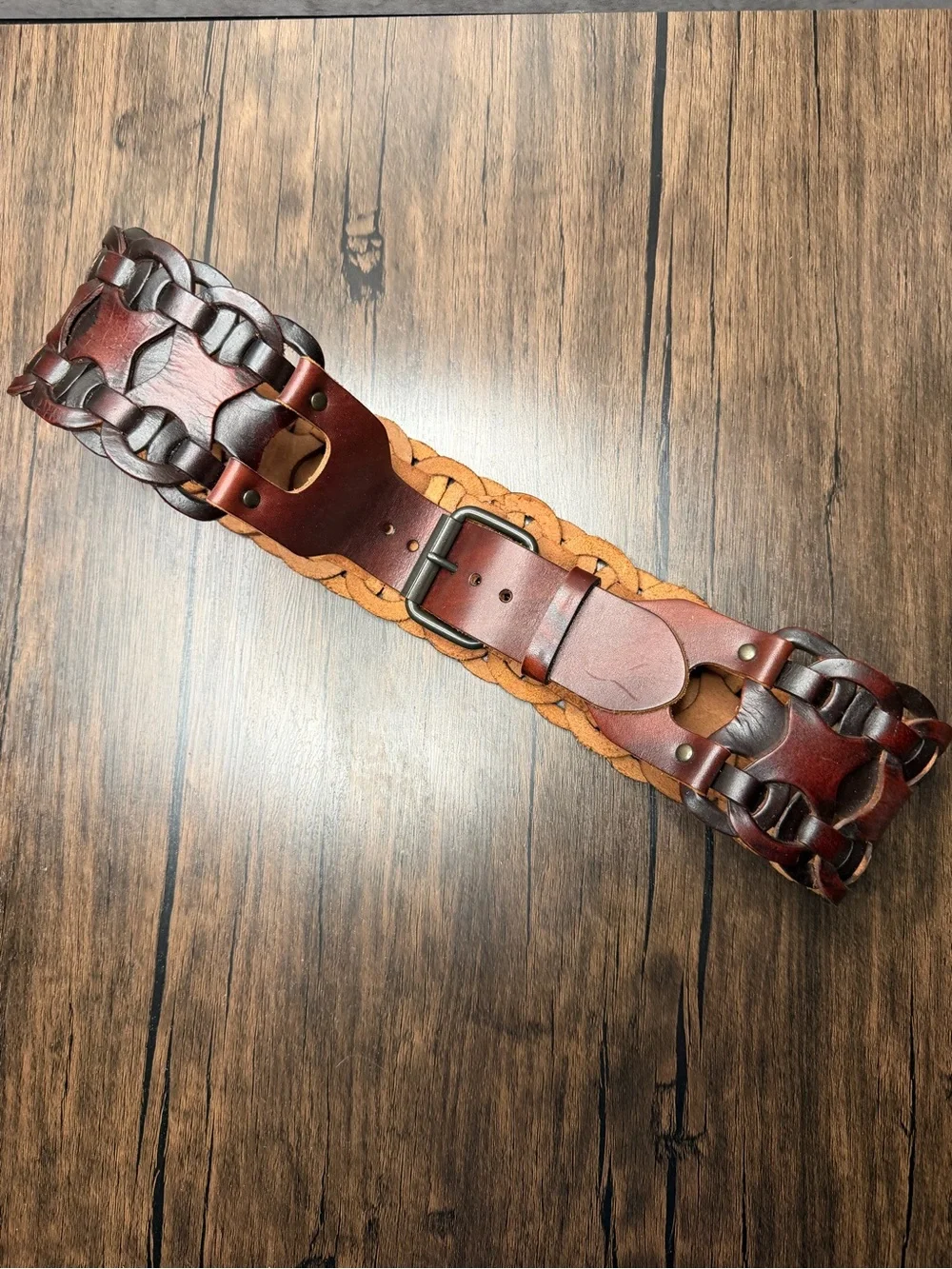 Boho Western Braided Wide Chocolate Brown Leather Chunky Belt medium